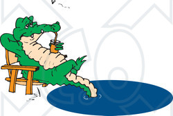 Clipart Illustration of a Relaxed Crocodile Sunning In A Chair, Sipping A Drink And Dipping His Tail In A Pond