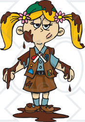 Clipart Illustration of a Grumpy Blond Girl Scout Covered In Chocolate, A Chocolate Brownie