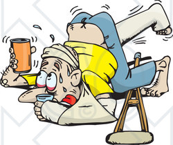 Clipart Illustration of an Accident Prone Man Covered In Casts And Slings, Holding Up His Beverage To Avoid Spilling After Tripping Over His Crutches