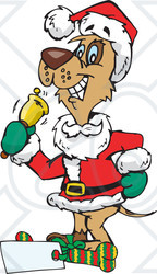 Clipart Illustration of a Brown Dog In A Santa Suit, Ringing A Bell To Bring In Donations