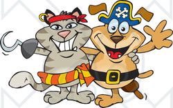 Clipart Illustration of a Pirate Cat With A Hook Hand Standing And Smiling With A Pirate Dog With A Peg Leg