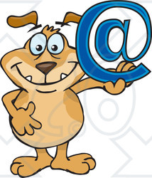 Clipart Illustration of a Happy Brown Dog Holding Up A Blue Arobase Email Sign