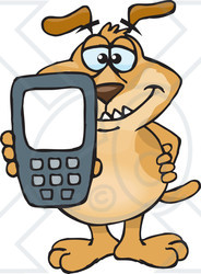 Clipart Illustration of a Smiling Brown Dog Holding Out A Calculator Or Cell Phone With A Blank Screen For You To Enter Text