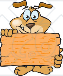 Clipart Illustration of a Friendly Brown Dog Standing Behind And Holding Up A Blank Wooden Sign, Ready For You To Insert Your Own Text