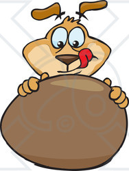 Clipart Illustration of a Brown Dog Licking His Chops While Touching And Tempting To Eat A Large Chocolate Easter Egg