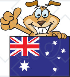 Clipart Illustration of a Friendly Brown Dog Grinning And Waving While Standing Behind An Australian Flag