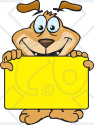 Clipart Illustration of a Smiling Brown Dog Holding Up A Blank Yellow Sign Board, Ready For You To Insert Text