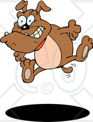 Clipart Illustration of a High Strung Bulldog Leaping Into The Air, Over A Dark Shadow