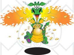 Clipart Illustration of an Excited Green, Yellow And Purple Spotted Dragon Blowing Flames And Running With A Pot Of Gold