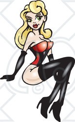 Clipart Illustration of a Sexy Blond Bombshell Pinup Girl In A Red Bodice, Black Gloves, And Boots