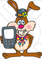 Clipart Illustration of a Bunny Rabbit Holding Up A Calculator Or Cell Phone With A Blank Screen, Ready For Your Text
