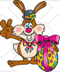 Clipart Illustration of a Bunny Rabbit Signaling The Peace Sign And Standing With An Easter Egg