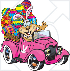 Clipart Illustration of a Dog Wearing Bunny Ears, Waving And Driving A Pink Pickup Truck With Easter Eggs In The Back