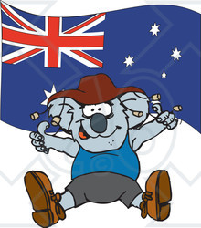 Clipart Illustration of a Koala In Clothes, Dancing In Front Of An Australian Flag