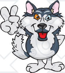 Clipart Illustration of a Peaceful Husky Dog Smiling And Gesturing The Peace Sign With His Hand