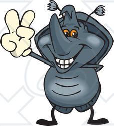 Clipart Illustration of a Peaceful Horned Beetle Smiling And Gesturing The Peace Sign With His Hand