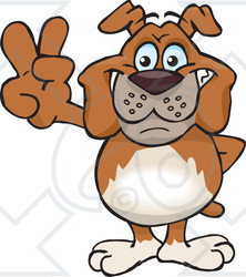 Clipart Illustration of a Peaceful Bulldog Smiling And Gesturing The Peace Sign With His Hand