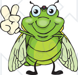 Clipart Illustration of a Peaceful Cicada Smiling And Gesturing The Peace Sign With His Hand
