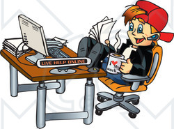 Clipart Illustration of a Happy Young Man Holding Papers And Coffee, Sitting At His Office Desk With His Feet Up