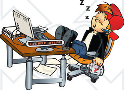 Clipart Illustration of a Tired Young Man With A Cup Of Coffee, Sleeping At His Office Desk With His Feet Up
