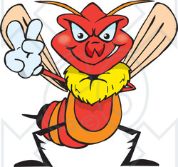 Clipart Illustration of a Peaceful Red Wasp Smiling And Gesturing The Peace Sign