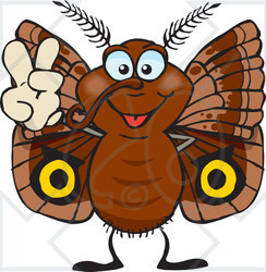 Clipart Illustration of a Peaceful Brown Moth Smiling And Gesturing The Peace Sign
