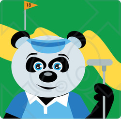 Clipart Illustration of a Giant Panda Bear In A Blue Shirt And Visor Hat, Holding A Club While Golfing