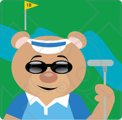 Clipart Illustration of a Teddy Bear In Shades, A Blue Shirt And Visor Hat, Holding A Club While Golfing