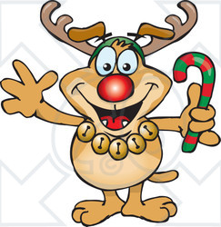 Clipart Illustration of a Festive Brown Dog Wearing Jingle Bells, Holding A Candy Cane And Dressed Like Rudolph The Red Nosed Reindeer