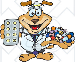 Clipart Illustration of a Pharmacist Dog Wearing A Stethoscope And Holding Out Medications