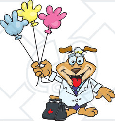 Clipart Illustration of a Pediatrician Dog Standing With A Medicine Bag And Holding Colorful Hand Shaped Balloons