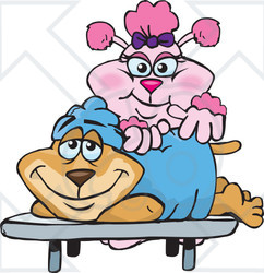 Clipart Illustration of a Pink Poodle Masseuse Massaging A Relaxed Dog's Back