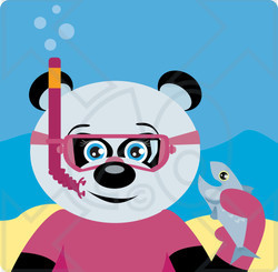 Clipart Illustration of a Blue Eyed Female Giant Panda Bear Wearing Pink Snorkel Gear, Holding A Fish Underwater