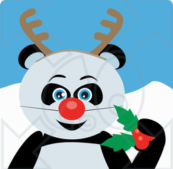 Clipart Illustration of a Blue Eyed Giant Panda Bear Disguised As Rudolph