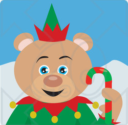 Clipart Illustration of a Blue Eyed Christmas Elf Teddy Bear Holding A Candy Cane