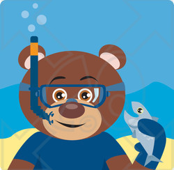Clipart Illustration of a Brown Male Teddy Bear Wearing Blue Snorkel Gear, Holding A Fish Underwater