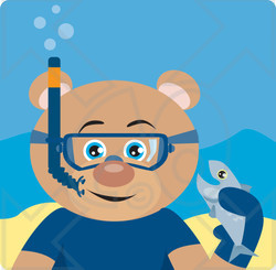 Clipart Illustration of a Blue Eyed Male Teddy Bear Wearing Blue Snorkel Gear, Holding A Fish Underwater