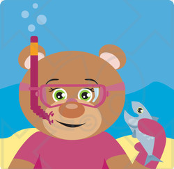Clipart Illustration of a Green Eyed Female Teddy Bear Wearing Pink Snorkel Gear, Holding A Fish Underwater