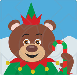Clipart Illustration of a Brown Christmas Elf Teddy Bear Holding A Candy Cane
