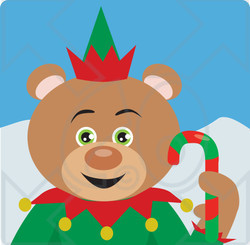 Clipart Illustration of a Green Eyed Christmas Elf Teddy Bear Holding A Candy Cane