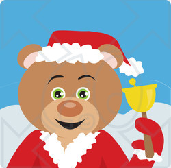 Clipart Illustration of a Green Eyed Charity Bell Ringer Teddy Bear In A Santa Suit
