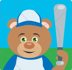Clipart Illustration of a Green Eyed Teddy Bear Playing Baseball On A Field