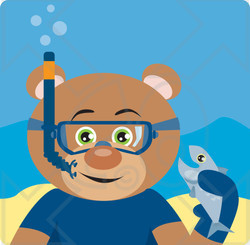 Clipart Illustration of a Green Eyed Male Teddy Bear Wearing Blue Snorkel Gear, Holding A Fish Underwater