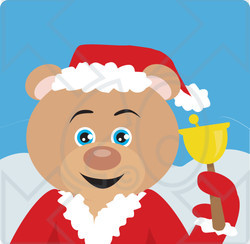 Clipart Illustration of a Blue Eyed Charity Bell Ringer Teddy Bear In A Santa Suit