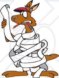 Clipart Illustration of a Kangaroo Proof Reader Tangled And Wrapped In A Long Piece Of Paper, List, Or Office Memo