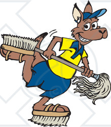 Clipart Illustration of a Kangaroo Janitor Playing With Brush Shoes And A Mop