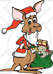 Clipart Illustration of a Christmas Santa Kangaroo Holding A Sack Of Toys And Presents