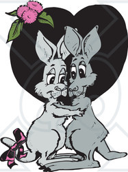 Clipart Illustration of a Loving Kangaroo Couple Embracing In Front Of A Black Heart With Pink Flowers