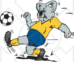 Clipart Illustration of a Koala Kicking A Soccer Ball During A Game