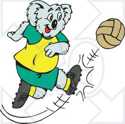 Clipart Illustration of a Soccer Koala Kicking A Ball Hard